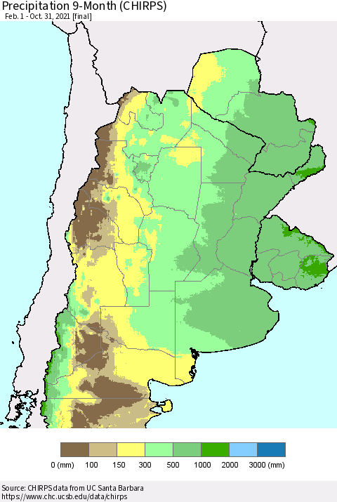 Southern South America Precipitation 9-Month (CHIRPS) Thematic Map For 2/1/2021 - 10/31/2021