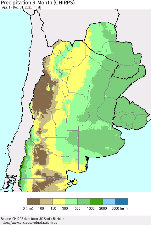 Southern South America Precipitation 9-Month (CHIRPS) Thematic Map For 4/1/2021 - 12/31/2021
