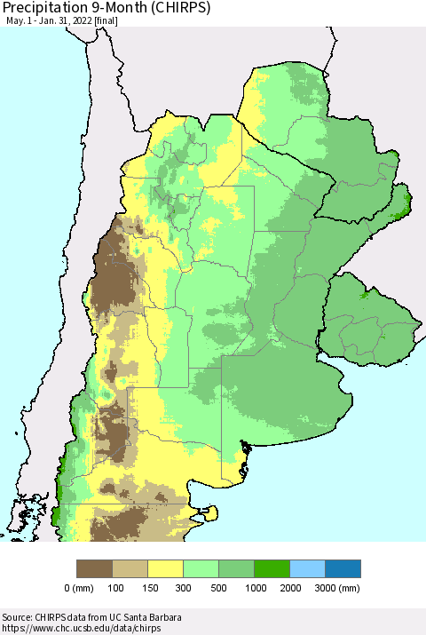 Southern South America Precipitation 9-Month (CHIRPS) Thematic Map For 5/1/2021 - 1/31/2022