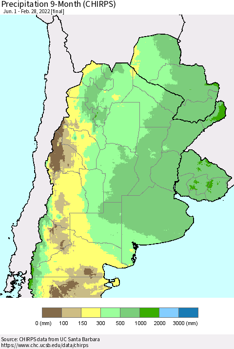 Southern South America Precipitation 9-Month (CHIRPS) Thematic Map For 6/1/2021 - 2/28/2022
