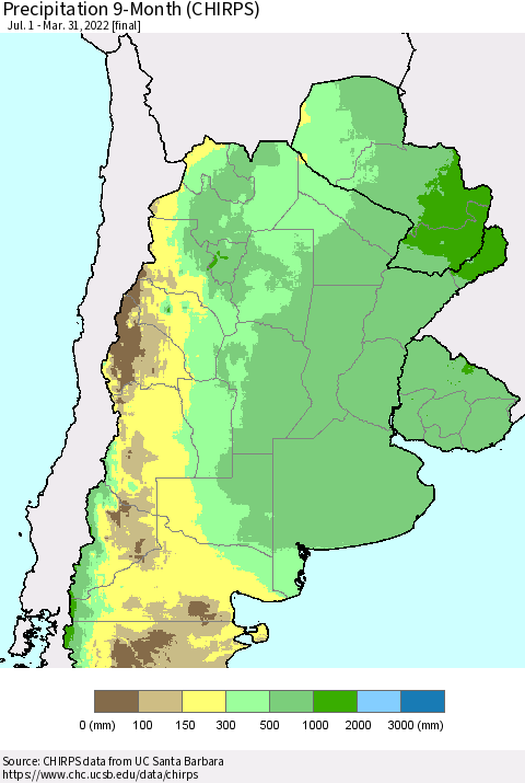 Southern South America Precipitation 9-Month (CHIRPS) Thematic Map For 7/1/2021 - 3/31/2022