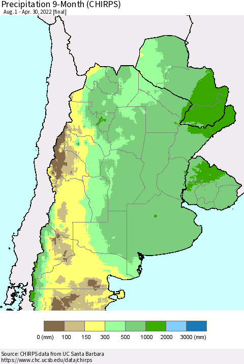 Southern South America Precipitation 9-Month (CHIRPS) Thematic Map For 8/1/2021 - 4/30/2022