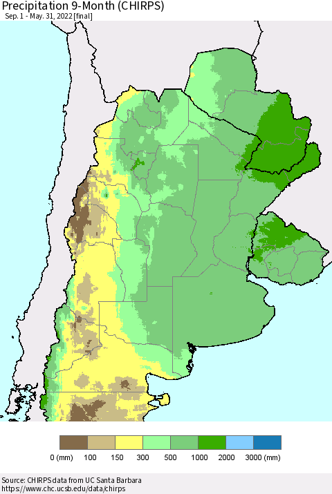 Southern South America Precipitation 9-Month (CHIRPS) Thematic Map For 9/1/2021 - 5/31/2022