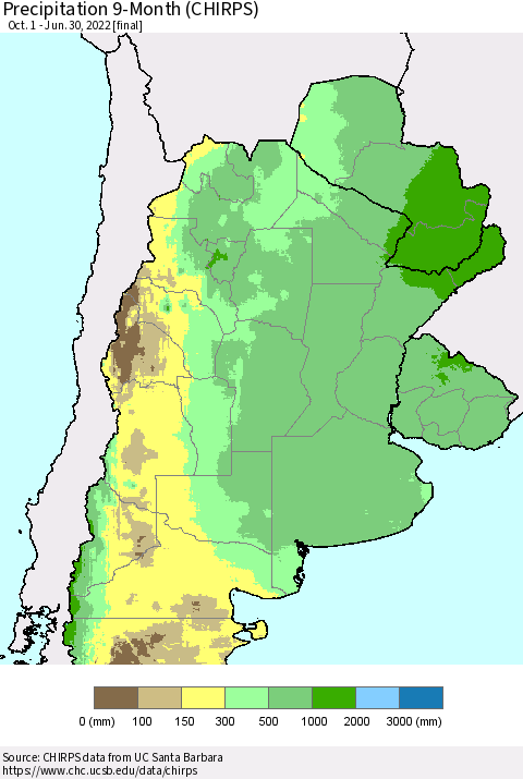 Southern South America Precipitation 9-Month (CHIRPS) Thematic Map For 10/1/2021 - 6/30/2022