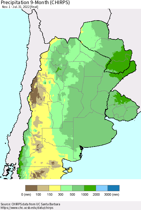 Southern South America Precipitation 9-Month (CHIRPS) Thematic Map For 11/1/2021 - 7/31/2022