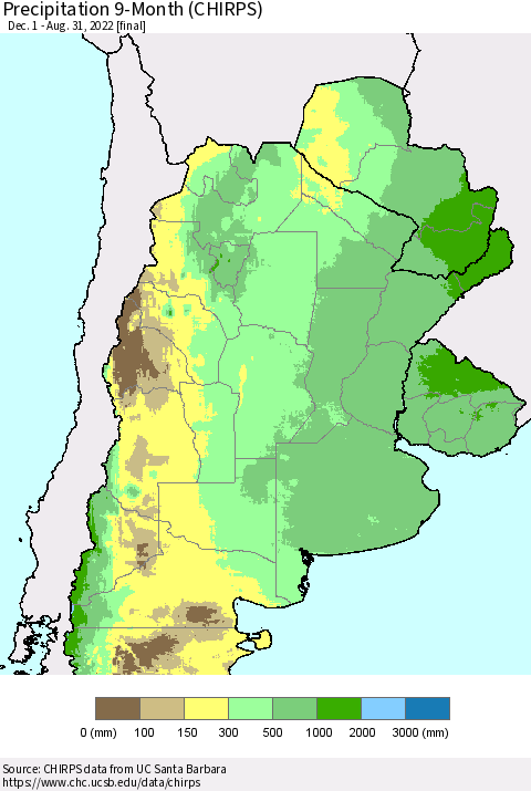 Southern South America Precipitation 9-Month (CHIRPS) Thematic Map For 12/1/2021 - 8/31/2022