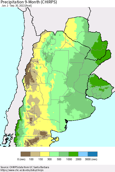 Southern South America Precipitation 9-Month (CHIRPS) Thematic Map For 1/1/2022 - 9/30/2022