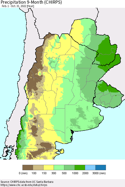 Southern South America Precipitation 9-Month (CHIRPS) Thematic Map For 2/1/2022 - 10/31/2022