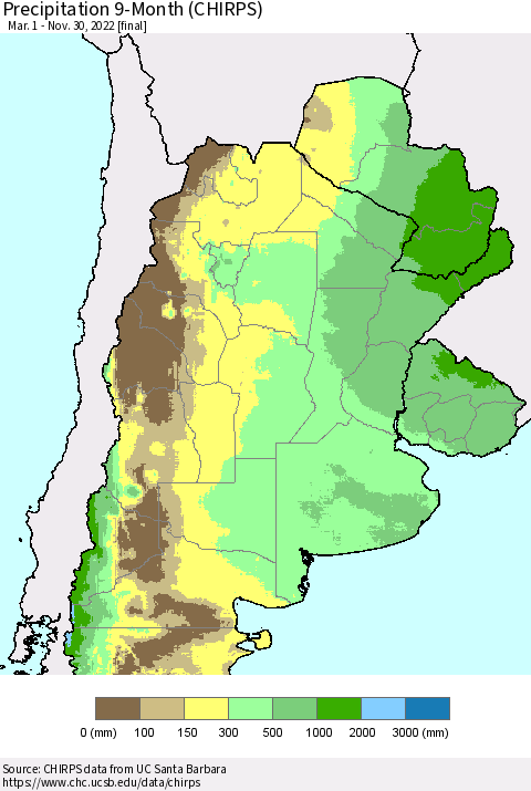 Southern South America Precipitation 9-Month (CHIRPS) Thematic Map For 3/1/2022 - 11/30/2022
