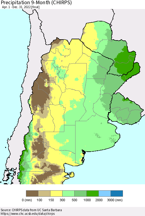 Southern South America Precipitation 9-Month (CHIRPS) Thematic Map For 4/1/2022 - 12/31/2022