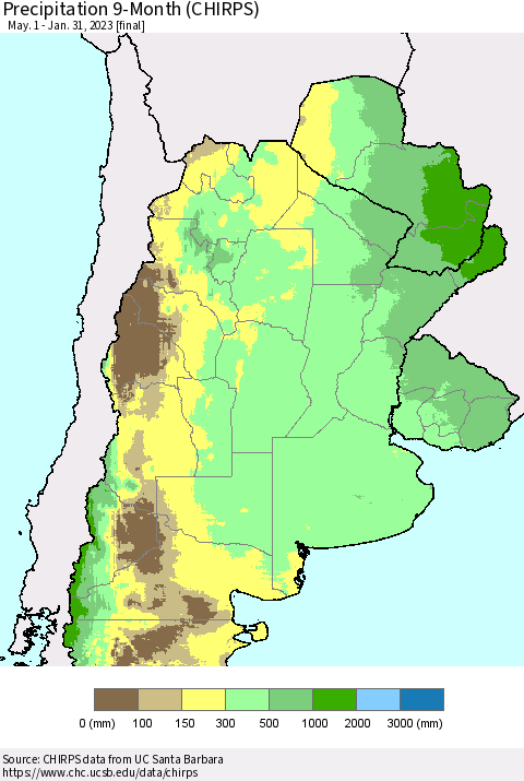 Southern South America Precipitation 9-Month (CHIRPS) Thematic Map For 5/1/2022 - 1/31/2023