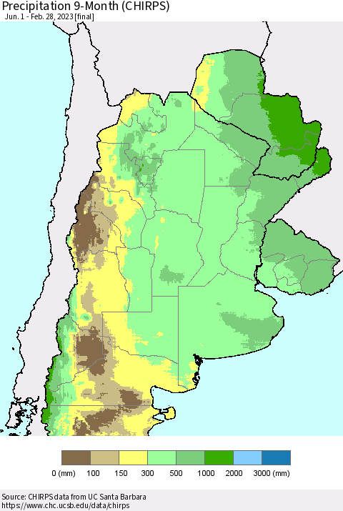 Southern South America Precipitation 9-Month (CHIRPS) Thematic Map For 6/1/2022 - 2/28/2023