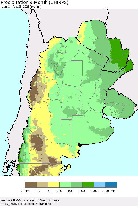 Southern South America Precipitation 9-Month (CHIRPS) Thematic Map For 6/1/2022 - 2/28/2023