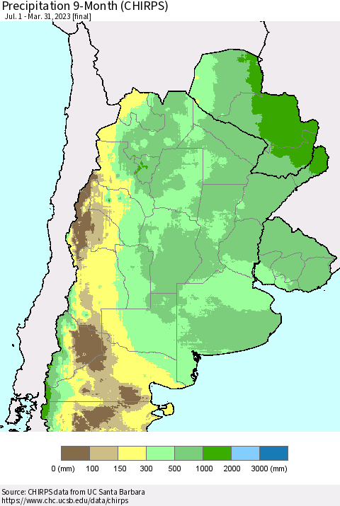 Southern South America Precipitation 9-Month (CHIRPS) Thematic Map For 7/1/2022 - 3/31/2023