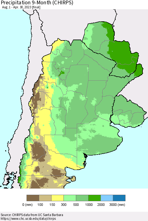 Southern South America Precipitation 9-Month (CHIRPS) Thematic Map For 8/1/2022 - 4/30/2023