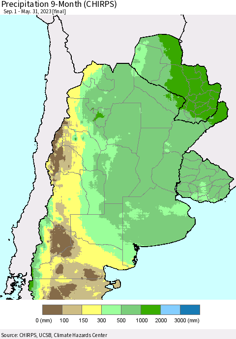 Southern South America Precipitation 9-Month (CHIRPS) Thematic Map For 9/1/2022 - 5/31/2023