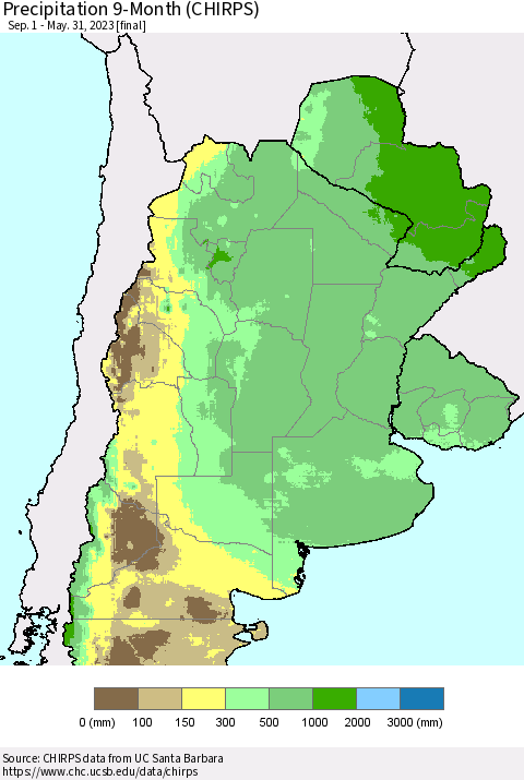 Southern South America Precipitation 9-Month (CHIRPS) Thematic Map For 9/1/2022 - 5/31/2023