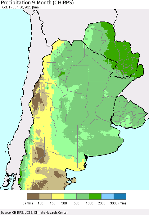 Southern South America Precipitation 9-Month (CHIRPS) Thematic Map For 10/1/2022 - 6/30/2023