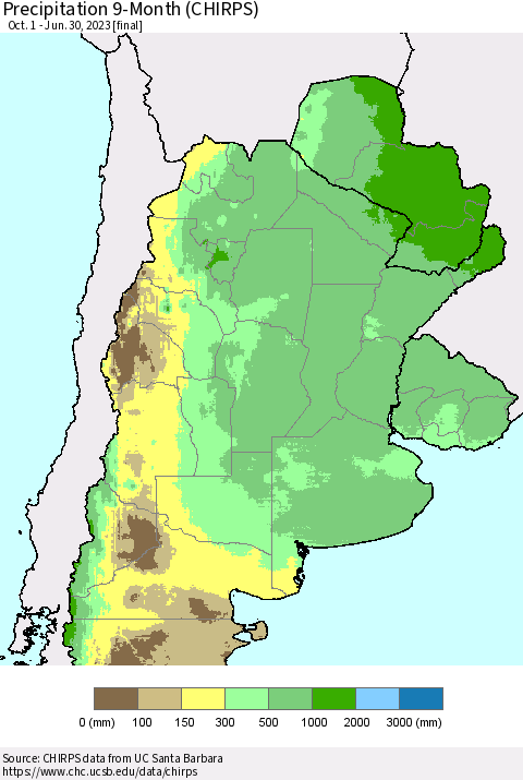 Southern South America Precipitation 9-Month (CHIRPS) Thematic Map For 10/1/2022 - 6/30/2023