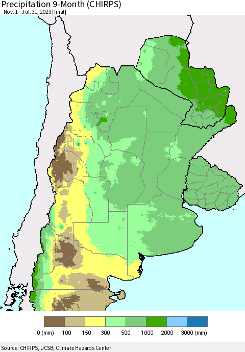 Southern South America Precipitation 9-Month (CHIRPS) Thematic Map For 11/1/2022 - 7/31/2023
