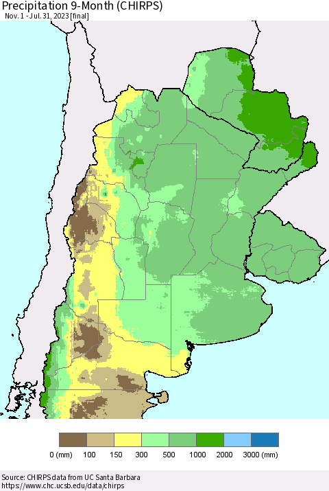 Southern South America Precipitation 9-Month (CHIRPS) Thematic Map For 11/1/2022 - 7/31/2023