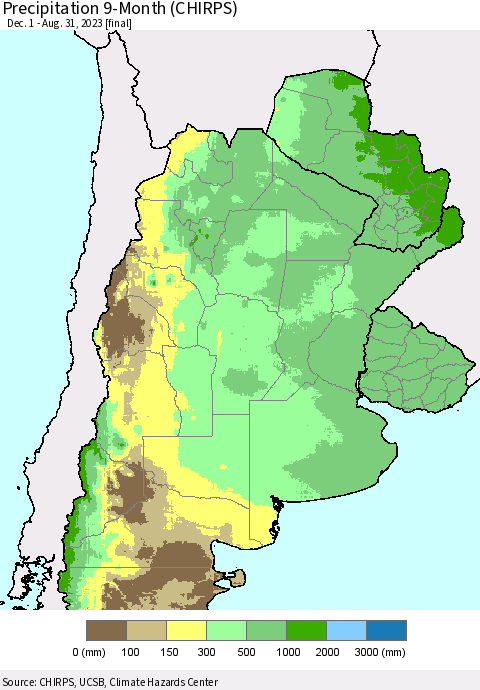 Southern South America Precipitation 9-Month (CHIRPS) Thematic Map For 12/1/2022 - 8/31/2023