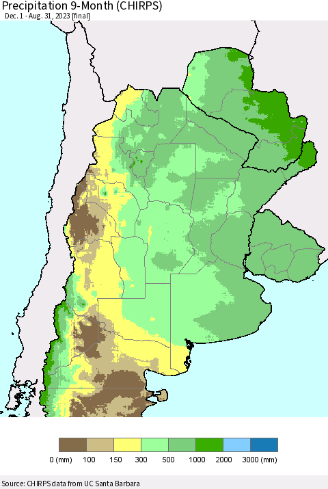 Southern South America Precipitation 9-Month (CHIRPS) Thematic Map For 12/1/2022 - 8/31/2023