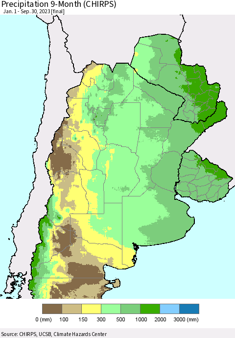 Southern South America Precipitation 9-Month (CHIRPS) Thematic Map For 1/1/2023 - 9/30/2023