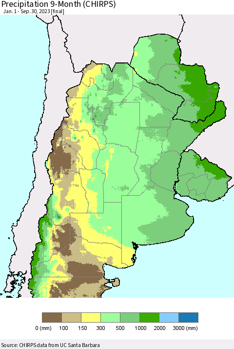 Southern South America Precipitation 9-Month (CHIRPS) Thematic Map For 1/1/2023 - 9/30/2023