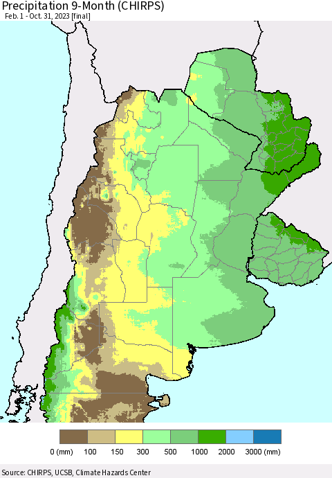 Southern South America Precipitation 9-Month (CHIRPS) Thematic Map For 2/1/2023 - 10/31/2023