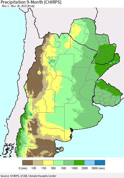 Southern South America Precipitation 9-Month (CHIRPS) Thematic Map For 3/1/2023 - 11/30/2023