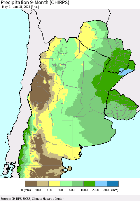 Southern South America Precipitation 9-Month (CHIRPS) Thematic Map For 5/1/2023 - 1/31/2024