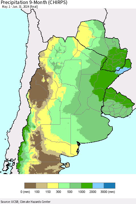 Southern South America Precipitation 9-Month (CHIRPS) Thematic Map For 5/1/2023 - 1/31/2024
