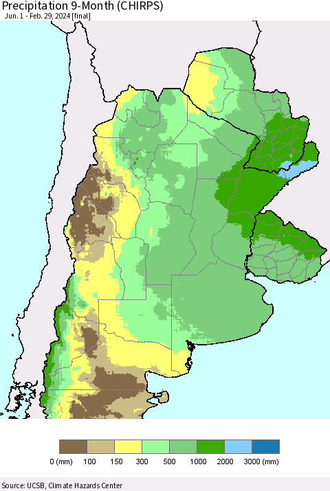 Southern South America Precipitation 9-Month (CHIRPS) Thematic Map For 6/1/2023 - 2/29/2024