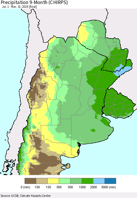 Southern South America Precipitation 9-Month (CHIRPS) Thematic Map For 7/1/2023 - 3/31/2024
