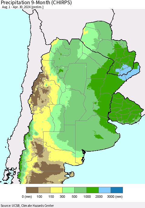 Southern South America Precipitation 9-Month (CHIRPS) Thematic Map For 8/1/2023 - 4/30/2024
