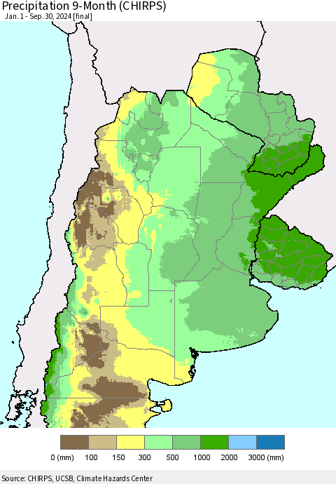 Southern South America Precipitation 9-Month (CHIRPS) Thematic Map For 1/1/2024 - 9/30/2024