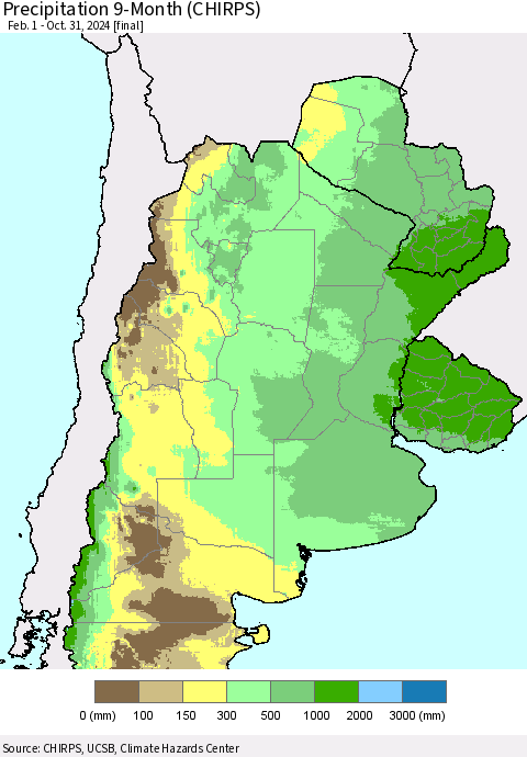 Southern South America Precipitation 9-Month (CHIRPS) Thematic Map For 2/1/2024 - 10/31/2024