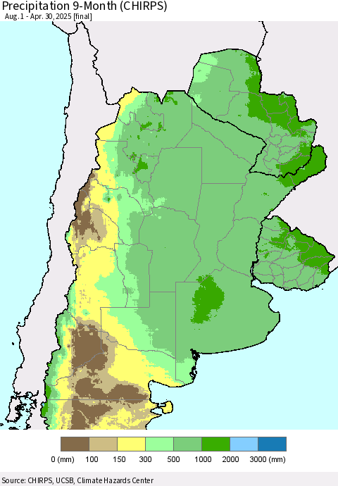 Southern South America Precipitation 9-Month (CHIRPS) Thematic Map For 8/1/2024 - 4/30/2025