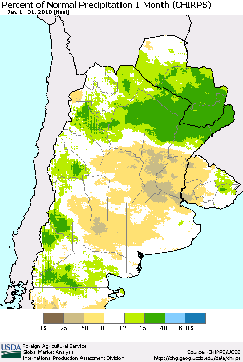 Southern South America Percent of Normal Precipitation 1-Month (CHIRPS) Thematic Map For 1/1/2018 - 1/31/2018