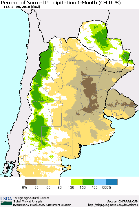 Southern South America Percent of Normal Precipitation 1-Month (CHIRPS) Thematic Map For 2/1/2018 - 2/28/2018