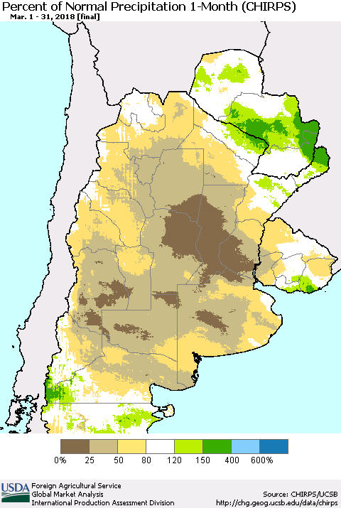 Southern South America Percent of Normal Precipitation 1-Month (CHIRPS) Thematic Map For 3/1/2018 - 3/31/2018