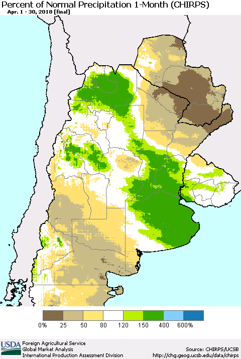 Southern South America Percent of Normal Precipitation 1-Month (CHIRPS) Thematic Map For 4/1/2018 - 4/30/2018