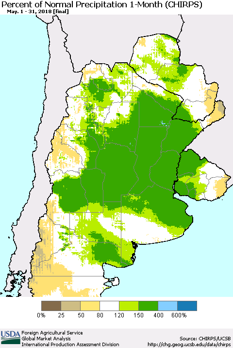 Southern South America Percent of Normal Precipitation 1-Month (CHIRPS) Thematic Map For 5/1/2018 - 5/31/2018