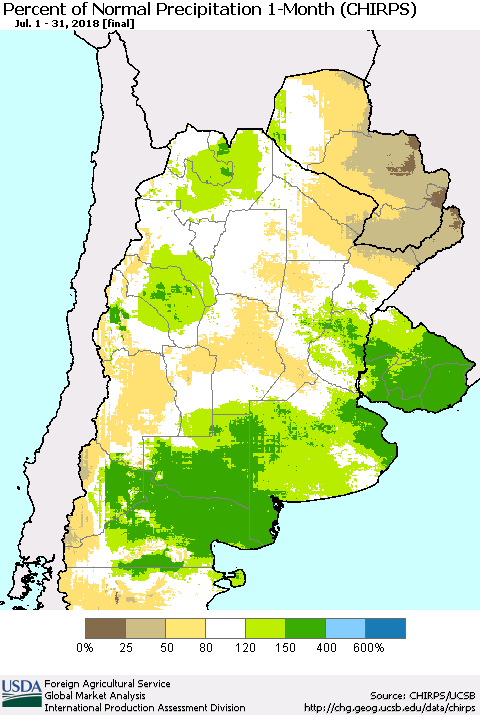 Southern South America Percent of Normal Precipitation 1-Month (CHIRPS) Thematic Map For 7/1/2018 - 7/31/2018