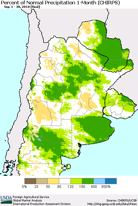 Southern South America Percent of Normal Precipitation 1-Month (CHIRPS) Thematic Map For 9/1/2018 - 9/30/2018