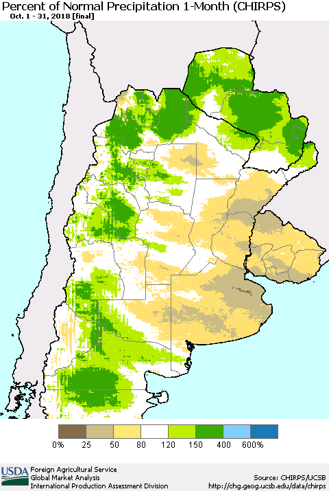 Southern South America Percent of Normal Precipitation 1-Month (CHIRPS) Thematic Map For 10/1/2018 - 10/31/2018