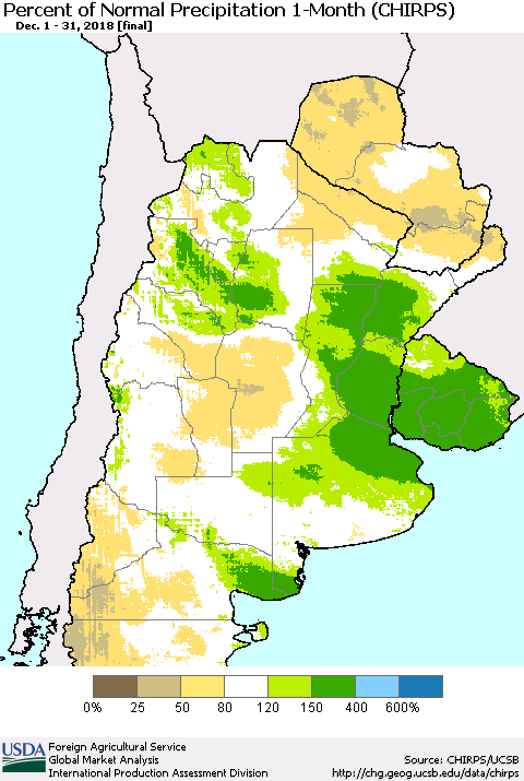 Southern South America Percent of Normal Precipitation 1-Month (CHIRPS) Thematic Map For 12/1/2018 - 12/31/2018