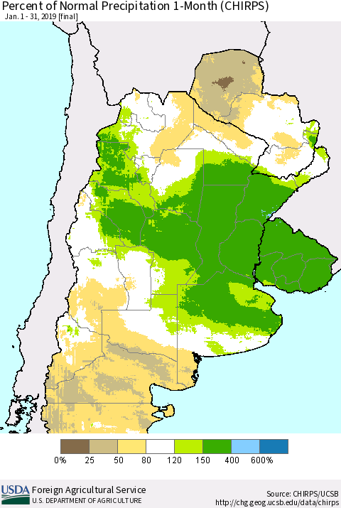 Southern South America Percent of Normal Precipitation 1-Month (CHIRPS) Thematic Map For 1/1/2019 - 1/31/2019