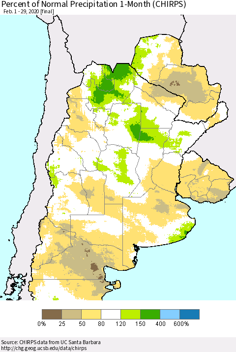 Southern South America Percent of Normal Precipitation 1-Month (CHIRPS) Thematic Map For 2/1/2020 - 2/29/2020